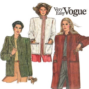 May include: Three different styles of jackets with mandarin collars. The jackets are in green, white, and red. The text "Very Easy Vogue" is in the top right corner of the image.
