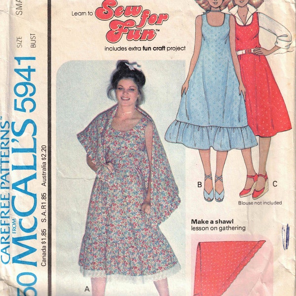 Size 10-12 Dress or Jumper with Shawl Sew For Fun Beginner Sewing Pattern - McCalls 5941 Vintage 1978 OOP