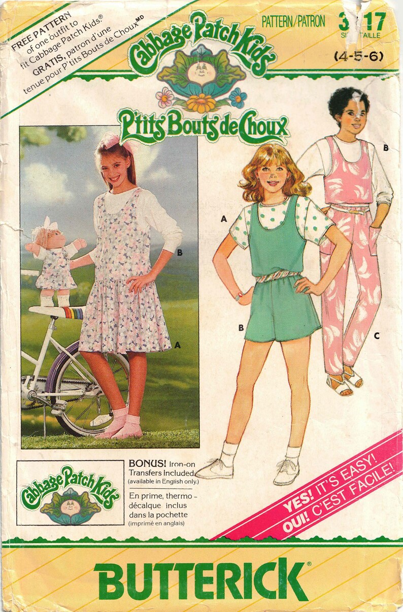 Cabbage Patch Kids Girls Size 4-6 and Dolls Clothes Pattern Jumper, Jumpsuit & Top Color Transfers Butterick 3717 UNCUT Vintage 1986 image 1