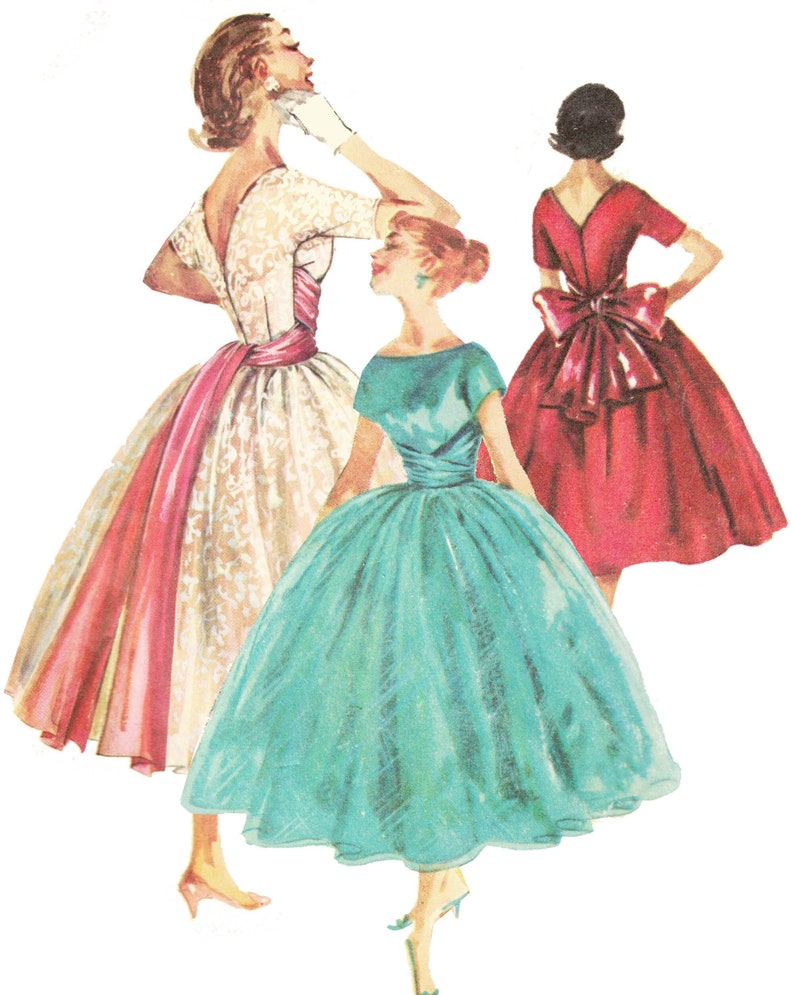 Bust 34 Rockabilly Party Dress Sewing Pattern Full Skirt with Cummerbund Cocktail Dress Simplicity 1795 Original Vintage 1956 image 1