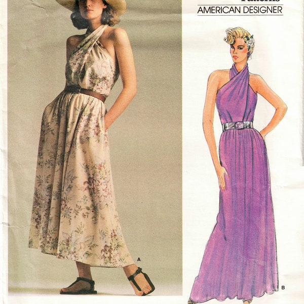 Size 8 Ralph Lauren Halter Dress UNCUT Sewing Pattern - Vogue American Designer 1547 - Vintage 1985 - Evening or Tea Length