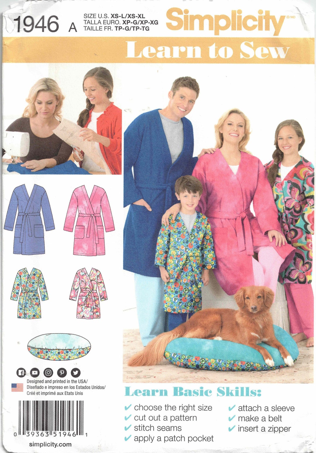 Learn to Sew Family Bathrobes Pattern Child, Teen & Adult Sizes Dog Bed