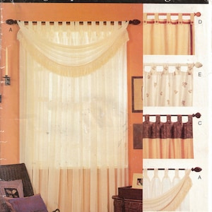 May include: A vintage sewing pattern for curtains and window treatments. The pattern includes five different styles, each with a unique design. The pattern is labeled "Vogue Patterns for Living" and has the number H530.