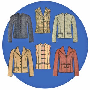 May include: A collection of six garments including four long-sleeved jackets and two sleeveless vests. The jackets feature various collar styles, button closures, and pocket details. The vests include one with a floral pattern and one with a striped design and toggle closures.