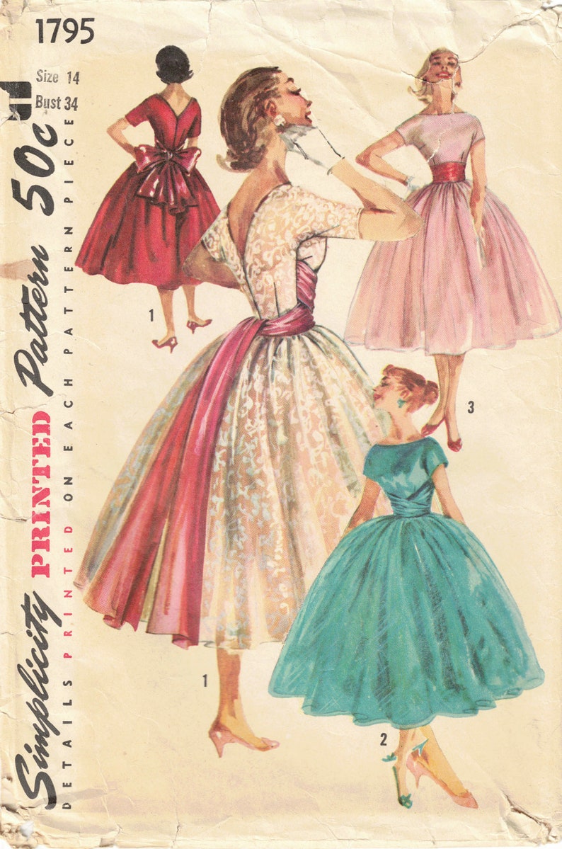 Bust 34 Rockabilly Party Dress Sewing Pattern Full Skirt with Cummerbund Cocktail Dress Simplicity 1795 Original Vintage 1956 image 2