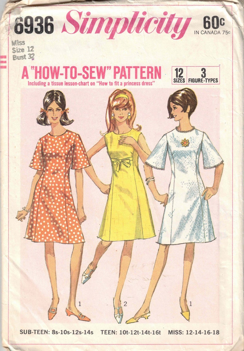 Bust 32 Misses Princess Seamed Dress Sewing Pattern Learn How To Sew UNCUT Simplicity 6936 Vintage 1966 image 1