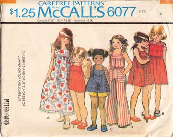 Child Size 4 Sundress, Muumuu, Jumper, Top and Jumpsuit or Romper Sewing Pattern / McCall's 6077 Uncut FF Vintage 1978