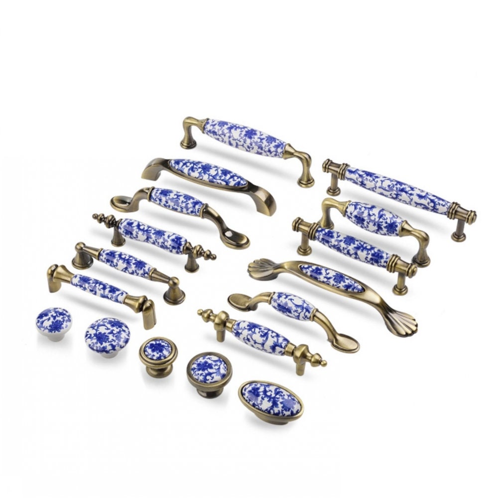 3.75" blue and white porcelain ceramic handles Drawer handles pulls Cabinet handles pulls Round knob Wardrobe pull knobs Furniture hardware