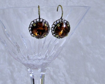 SWAROVSKI Square Cushion Cut Crystal Earrings, Smoky Topaz w/ Crystal Halo