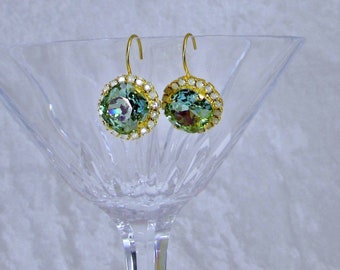 SWAROVSKI Square Cushion Cut Crystal Earrings,Aquamarine Champagne w/ White Opal Halo