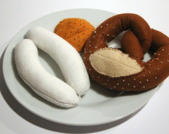 White sausages with prezel and sweet mustard sewn from felt for play kitchen, farmstand,