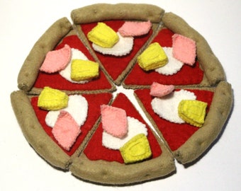 Pizza Hawaii aus Filz handgenäht, 6 Stück Pizza mit Belag Schinken, Käse, Ananas für den Kaufladen, Kinderküche, Spielküche