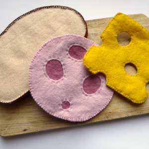 German slice of bread with sausage and cheese sewn from felt or only sausage or cheese for play kitchen, play food, felt food image 1