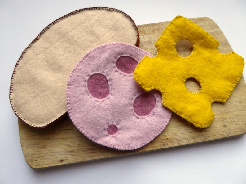 German slice of bread with sausage and cheese sewn from felt or only sausage or cheese for play kitchen, play food, felt food image 1