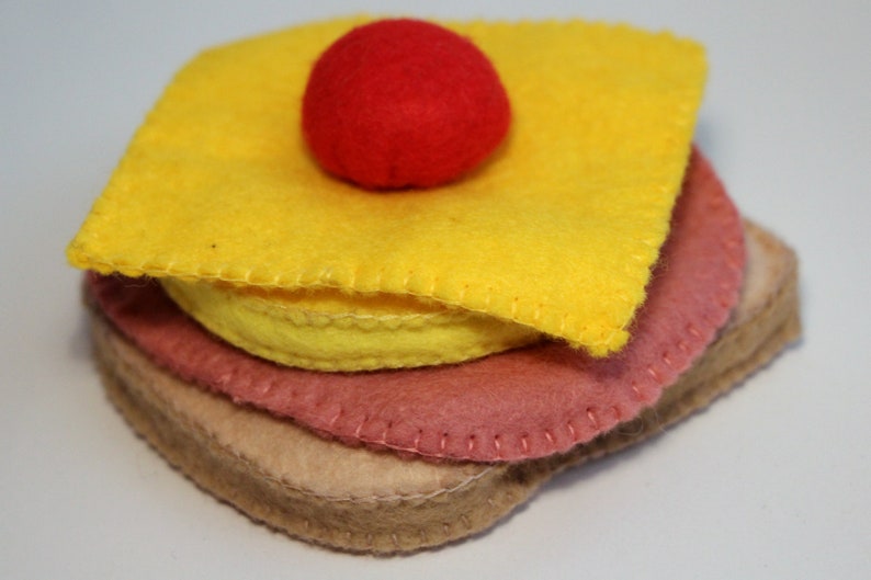 Toast Hawaii with a slice each of pineapple, cheese and ham with cherry hand-sewn from felt for the children's kitchen, play kitchen shop image 5