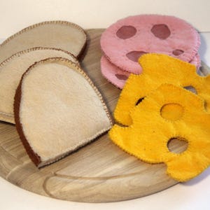 Half slices of bread with sausage and cheese hand-sewn from felt, play kids kitchen, felt food, fake food, play food, farmers market