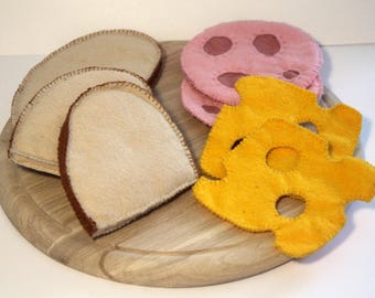 Vilten broodplakken, lunchpakket met worst en kaas, handgenaaid, speelgoedwinkelaccessoire, kinderkeuken, vilten eten, speelkeuken