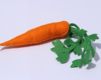 Può includere: Una carota di feltro con foglie di feltro verde. La carota è arancione e ha un'estremità appuntita. Le foglie sono disposte a grappolo sulla cima della carota.