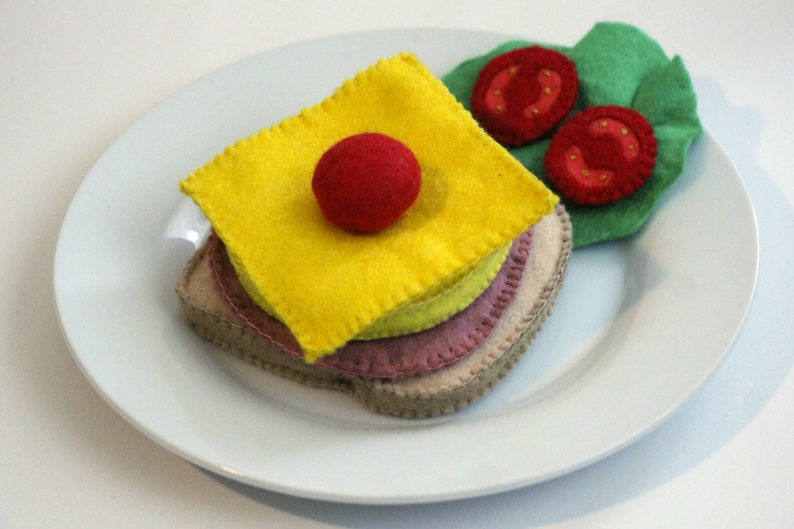 Toast Hawaii with a slice each of pineapple, cheese and ham with cherry hand-sewn from felt for the children's kitchen, play kitchen shop image 2