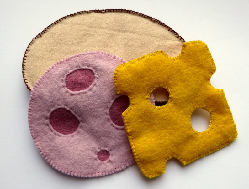 German slice of bread with sausage and cheese sewn from felt or only sausage or cheese for play kitchen, play food, felt food image 3