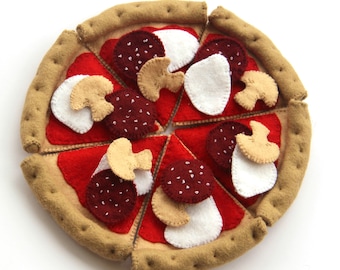 Felt Pizza hand-sewn with salami, ham, cheese and mushrooms for play kids kitchen, felt food, play food