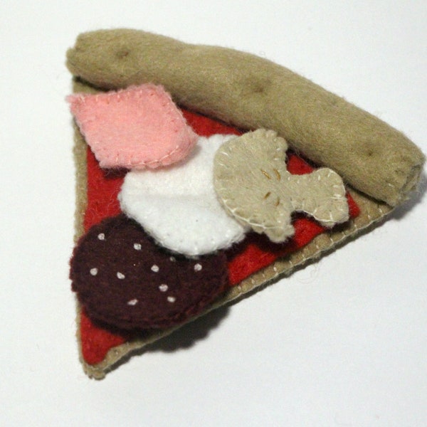 Pizza optionally 1 - 6 slice sewn from felt with salami, cheese and mushrooms for play kitchen, felt food, play food