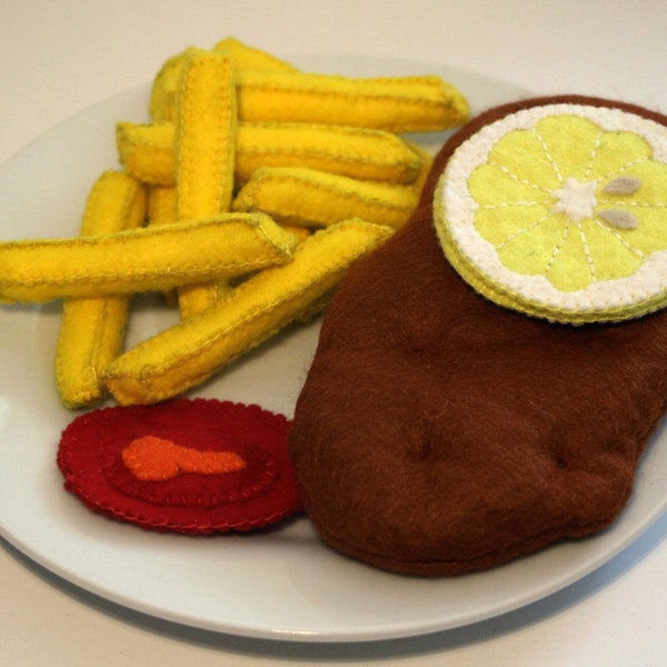 Schnitzel mit Pommes aus Filz handgenäht, Wiener Schnitzel mit Pommes Frites für den Kaufladen, Kinderküche, Spielküche