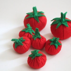 Pu&ograve; includere: Una collezione di sei piccoli pomodori rotondi in feltro rosso, ognuno dotato di un gambo e foglie verdi in feltro. I pomodori variano leggermente nelle dimensioni e sono disposti in un gruppo, mostrando una morbida struttura in tessuto.