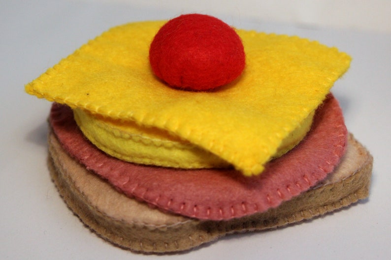 Toast Hawaii with a slice each of pineapple, cheese and ham with cherry hand-sewn from felt for the children's kitchen, play kitchen shop image 6