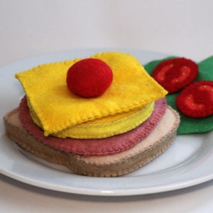Toast Hawaii with a slice each of pineapple, cheese and ham with cherry hand-sewn from felt for the children's kitchen, play kitchen shop image 3