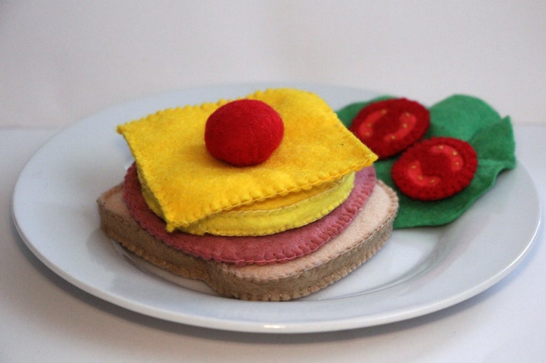 Toast Hawaii with a slice each of pineapple, cheese and ham with cherry hand-sewn from felt for the children's kitchen, play kitchen shop image 3