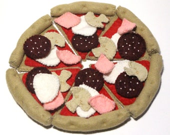 Pizza 6 slices sewn from felt with 6 salami, ham, cheese and mushrooms for play kitchen, felt food, play food