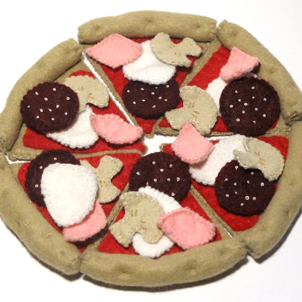 Pizza 6 slices sewn from felt with 6 salami, ham, cheese and mushrooms for play kitchen, felt food, play food
