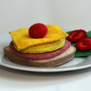 Toast Hawaii with a slice each of pineapple, cheese and ham with cherry hand-sewn from felt for the children's kitchen, play kitchen shop image 1