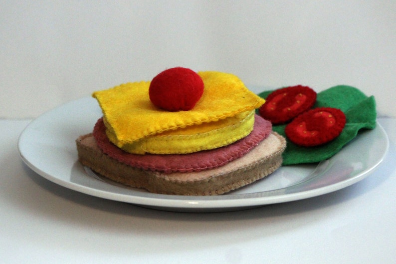 Toast Hawaii with a slice each of pineapple, cheese and ham with cherry hand-sewn from felt for the children's kitchen, play kitchen shop image 1