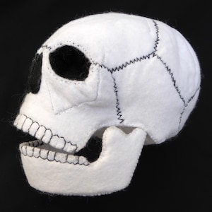 May include: A white felt skull with black stitched details. The skull features open eye sockets and a jaw, with black stitching outlining the seams and teeth. The design is a soft, plush representation of a human skull.