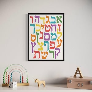 Póster colorido del alfabeto hebreo moderno Alef Bet - Impresión tipográfica de confeti - Habitación infantil judía - Decoración del aula - Arte mural educativo