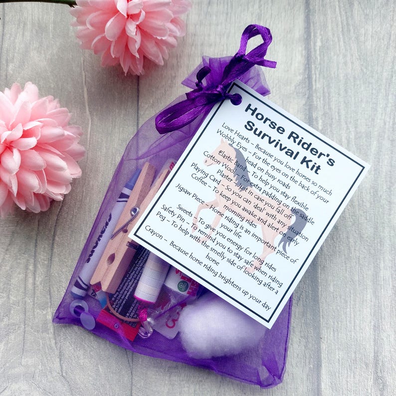 May include: A purple mesh bag filled with a horse rider's survival kit. The kit includes a variety of items, such as a cotton wool ball, a safety pin, a playing card, a jigsaw piece, a crayon, a small piece of thread, a small piece of candy, and a small piece of paper with a list of items and their uses. The bag is tied with a purple ribbon and has a white tag attached to it with the text "Horse Rider's Survival Kit" and a list of items and their uses.