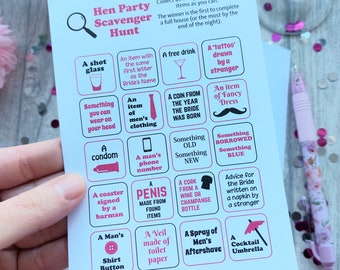 Hen Party Scavenger Hunt Game - Scavenger Hunt Bingo, Hen Night Games, Hen Party game, Ready made game (24 Cards included)