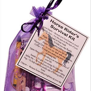 May include: A purple organza bag filled with a horse riding survival kit. The kit includes a variety of items, such as a playing card, a plaster, a safety pin, a crayon, and a jigsaw piece. The bag also includes a card with the text "Horse Rider's Survival Kit" and a list of items with descriptions.
