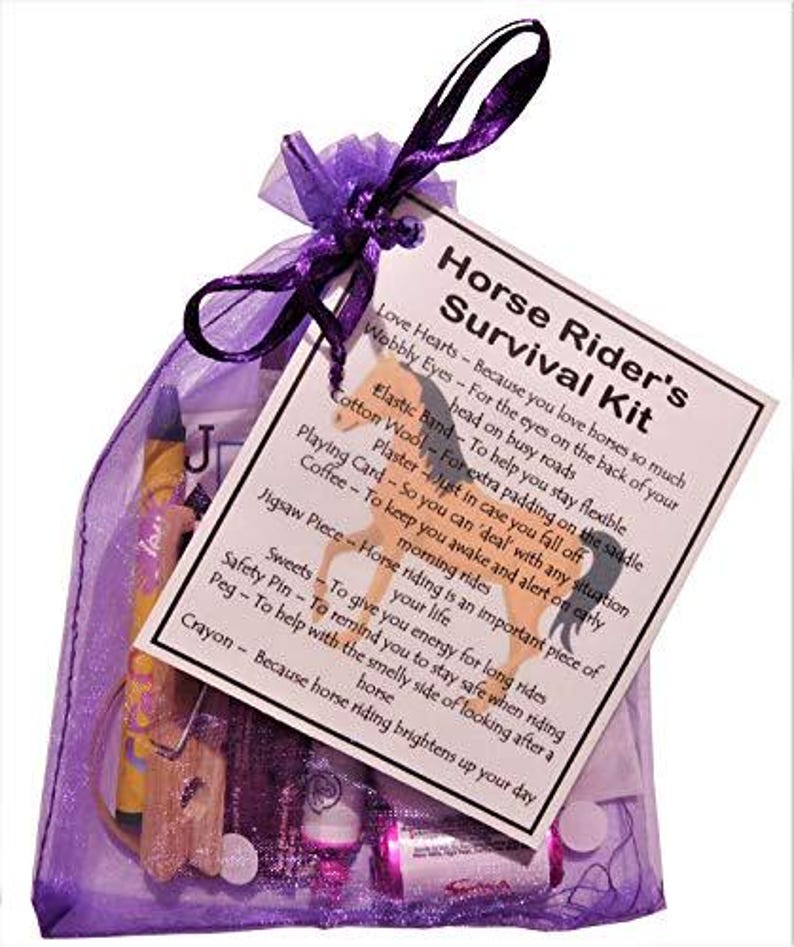 May include: A purple organza bag filled with a horse riding survival kit. The kit includes a variety of items, such as a playing card, a plaster, a safety pin, a crayon, and a jigsaw piece. The bag also includes a card with the text "Horse Rider's Survival Kit" and a list of items with descriptions.