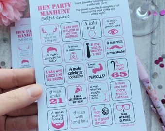 Hen Party Manhunt Selfie Game - Selfie Bingo Hen Party Games, Hen Night Games, Hen Party Man Hunt, Selfie challenge (24 Cards included)