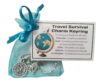 Travel Survival Charm Keyring - Handmade good luck gift including St Christopher charm -Travel Bag Charm Christmas Stocking filler