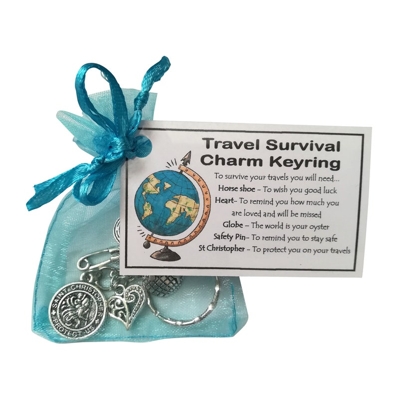 Travel Survival Charm Keyring Handmade good luck gift including St Christopher charm Travel Bag Charm Christmas Stocking filler image 1