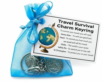 Travel Survival Charm Keyring - Handmade good luck gift including St Christopher charm -Travel Bag Charm Christmas Stocking filler