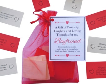 May include: A red mesh bag filled with small cards. The cards have positive quotes and hearts on them. The bag has a white tag attached to it that says "A Gift of Positivity, Laughter and Loving Thoughts for my Boyfriend. Every day for a month, pick a quote to remind you that I am always thinking of you."