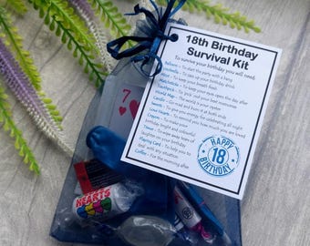 Kit de supervivencia de regalo para el 18 cumpleaños (color azul) - Divertido regalo de cumpleaños número 18, regalo único para él en su 18 cumpleaños.