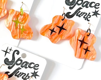 Atomic Era Blob Twinkle Clouds Handmade Epoxy Earrings OOAK Hand Painted Kitsch