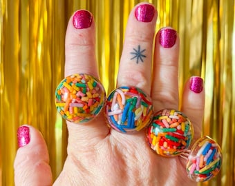Real Sprinkles Bauble Ring: Retro Kitsch Statement Ring Adjustable Size 5-10