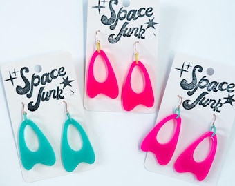 Retro Boomerang Style Dangle Earrings - OOAK Handmade Epoxy - Bright Colors 70's 80's 90's Inspired
